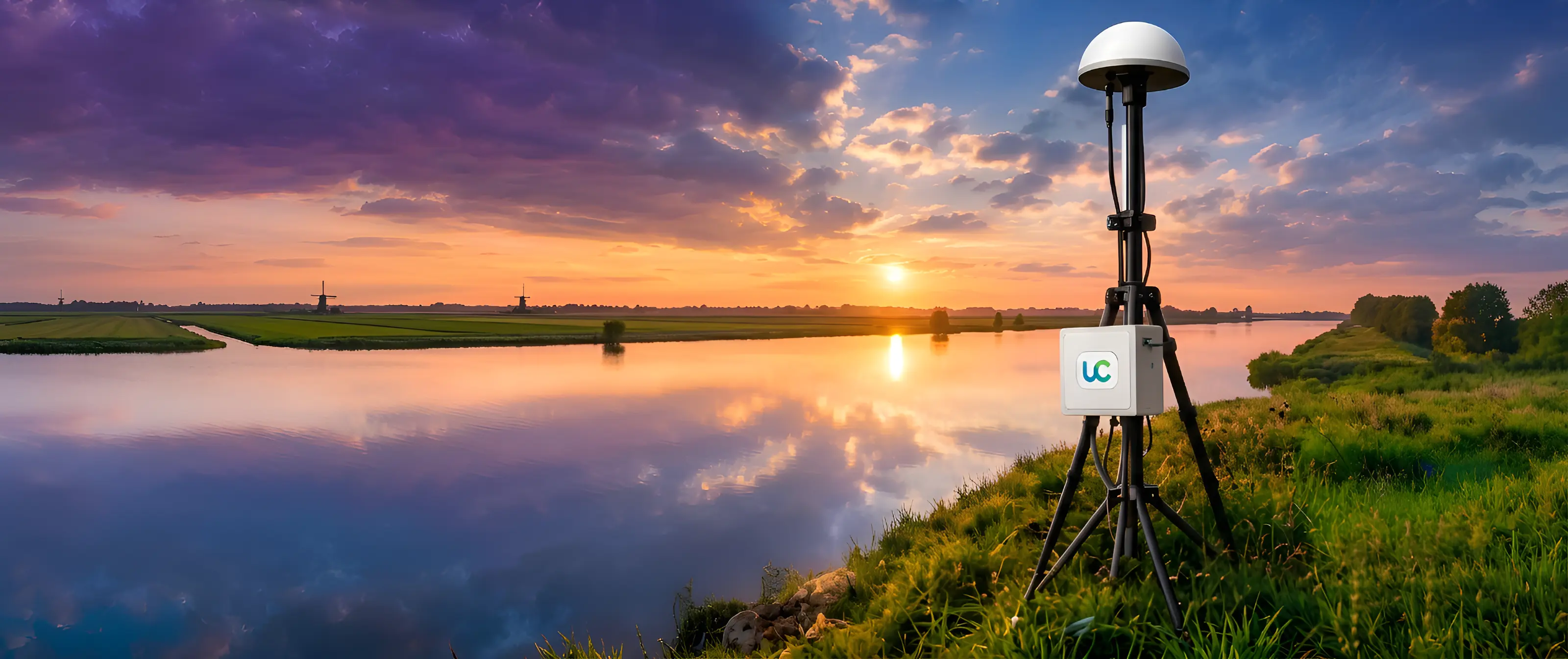 Ground-based GNSS-R sensor beside a mountain lake at sunset.