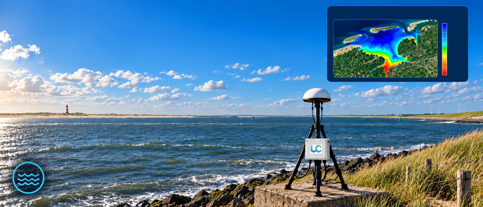 Coastal water monitoring sensor with a real-time water-level map inset